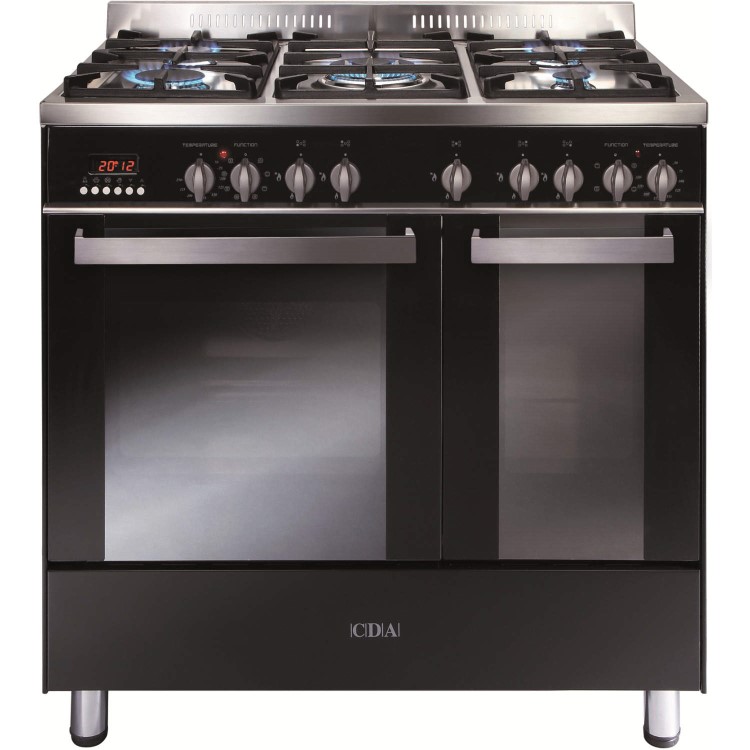 CDA 90cm Dual Fuel Range Cooker With Free Curved Glass Chimney Hood - Black