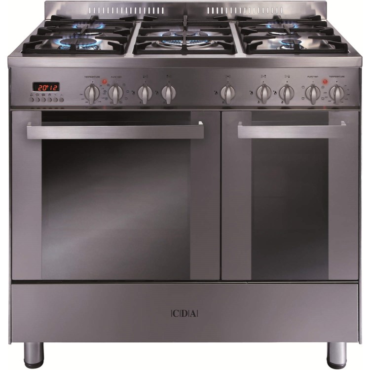 CDA 90cm Dual Fuel Range Cooker With Free Curved Glass Chimney Hood - Stainless Steel