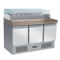 Hamoki PZ903 3 Door Refrigerated Pizza Prep Counter with Granite Worktop Plus VRX1400/330 Refrigerated Topping Unit. Fitted Castors 