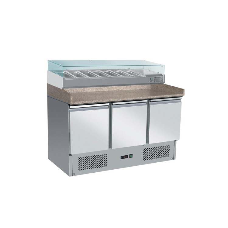 Hamoki PZ903 3 Door Refrigerated Pizza Prep Counter with Granite Worktop Plus VRX1400/330 Refrigerated Topping Unit. Fitted Castors 