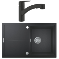 Grohe Single Lever Matt Black Kitchen Mixer Tap and K400 Black Composite Single Bowl Kitchen Sink