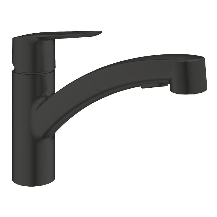 Grohe Single Lever Matt Black Kitchen Mixer Tap and K400 Black Composite Single Bowl Kitchen Sink