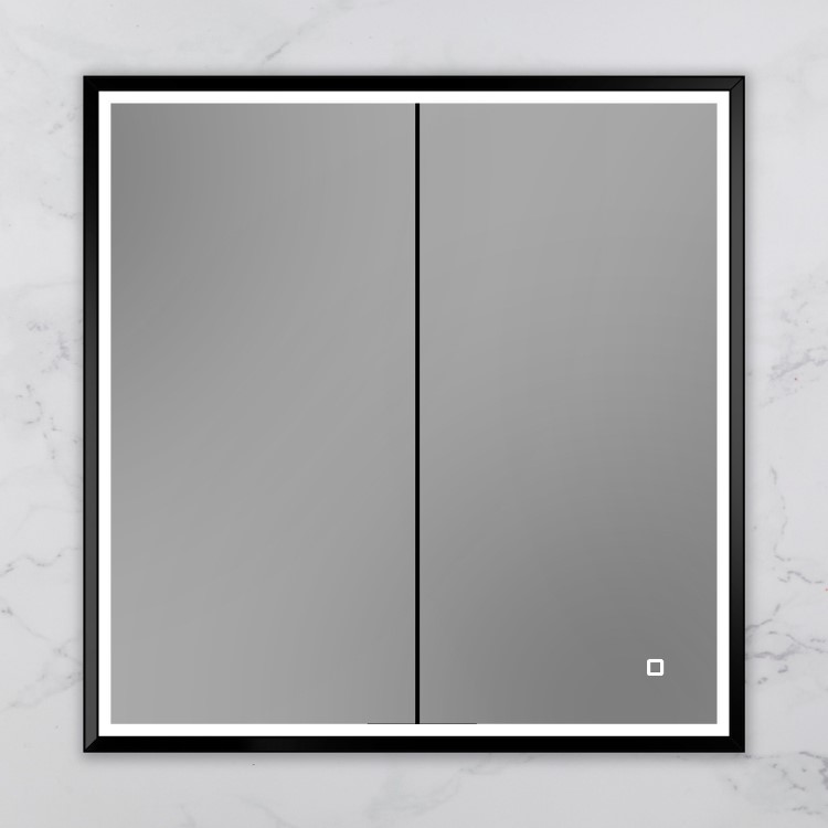 HIB Vanquish 80 Recessed Black Bathroom Mirror Cabinet with Lights - 830 x 730mm