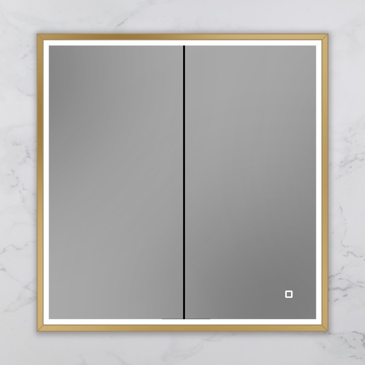 HIB Vanquish 80 Recessed Brass Bathroom Mirror Cabinet with Lights - 830 x 730mm