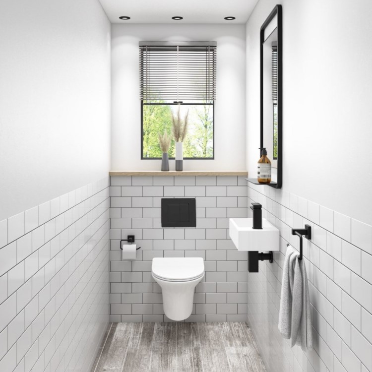 Wall Hung Rimless Toilet with Soft Close Slim Seat Frame Cistern and Black Flush - Valencia