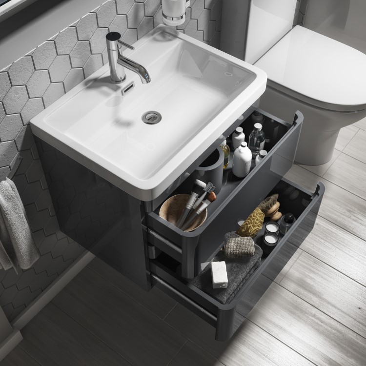 600mm Dark Grey Wall Hung Vanity Unit with Basin - Portland