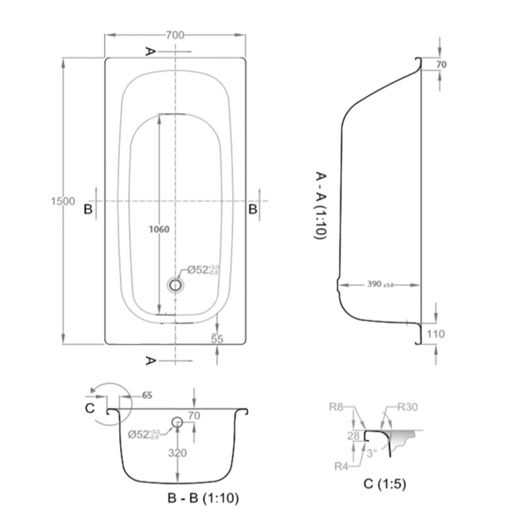 Single Ended Steel Bath with No Tap Holes - 1500 x 700mm