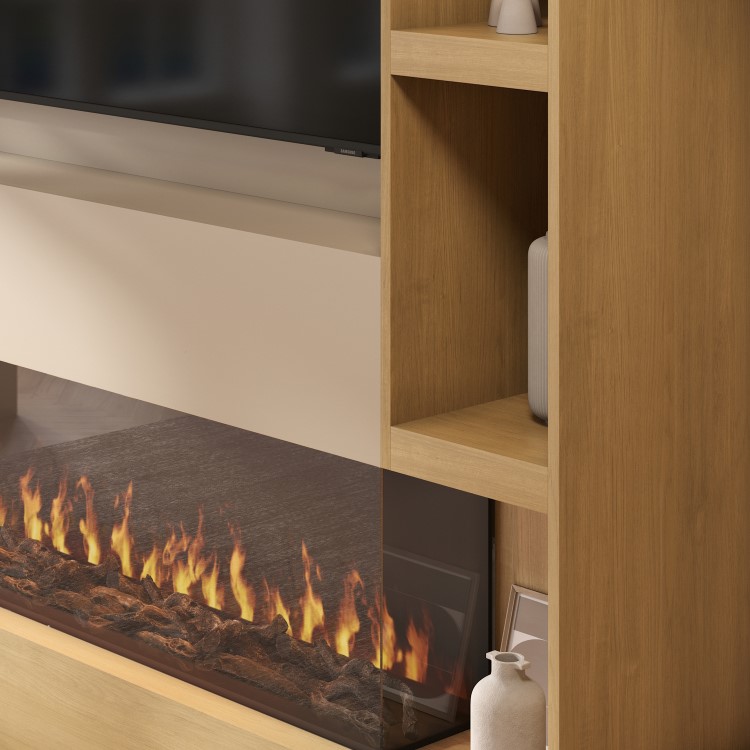 Self Build Oak Media Wall with Black 3-Sided Inset Electric Fireplace with Shelving - 50 Inch - AmberGlo