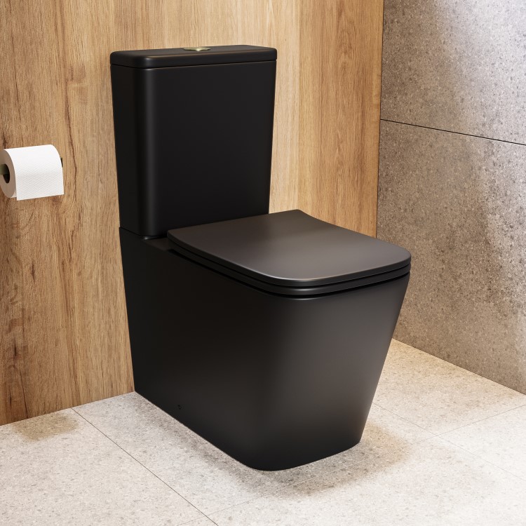 Matt Black Close Coupled Rimless Toilet with Soft Close Seat & Brushed Brass Push Button