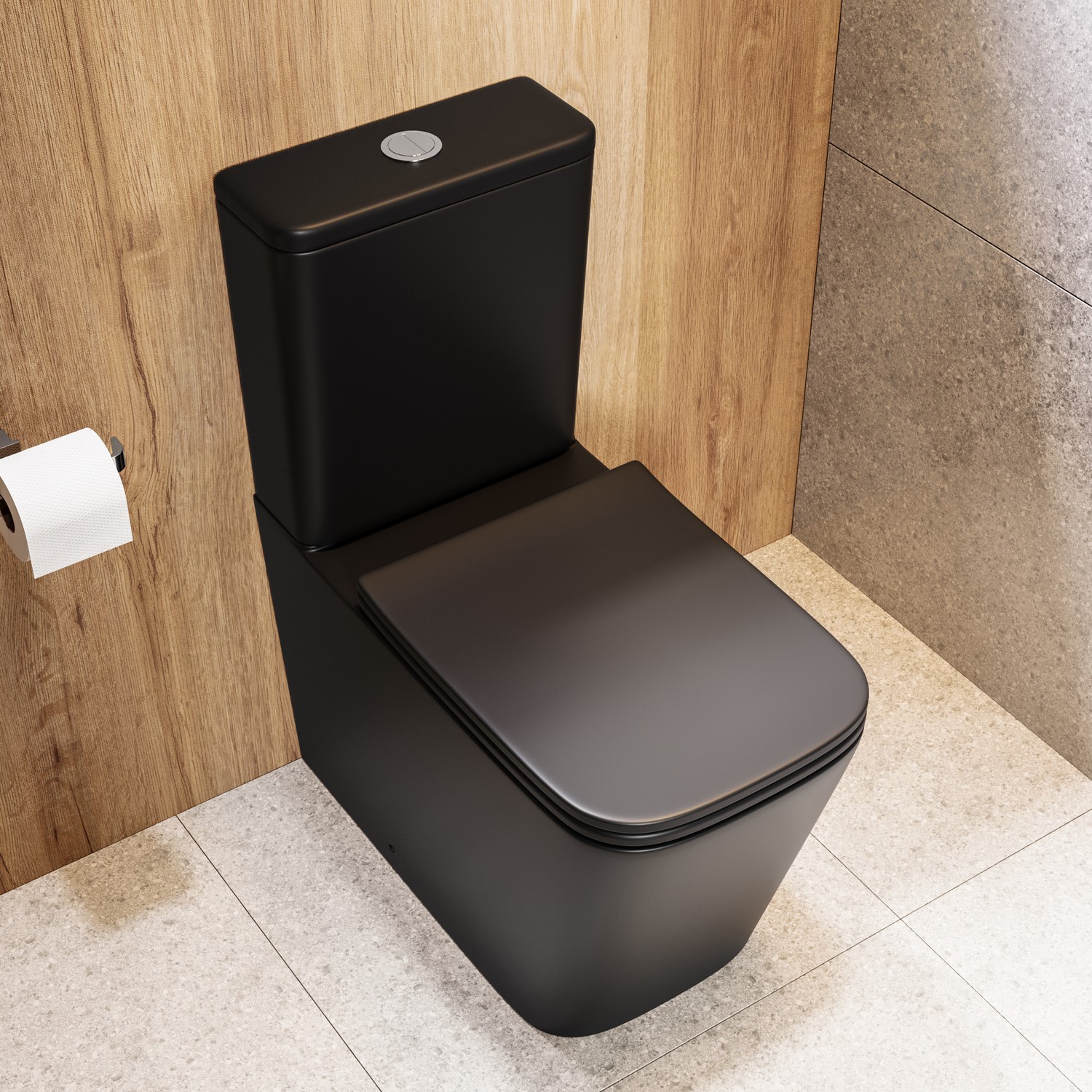 Matt Close Coupled Rimless Toilet Soft Close Seat & Chrome Push Button