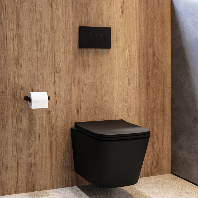 Matt Black Wall Hung Toilet with Soft Close Seat, Black Mechanical Flush Plate, 1160mm Frame & Cistern - Albi