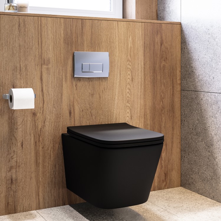 Matt Black Wall Hung Toilet with Soft Close Seat, Chrome Pnuematic Flush Plate, 820mm Frame & Cistern - Albi