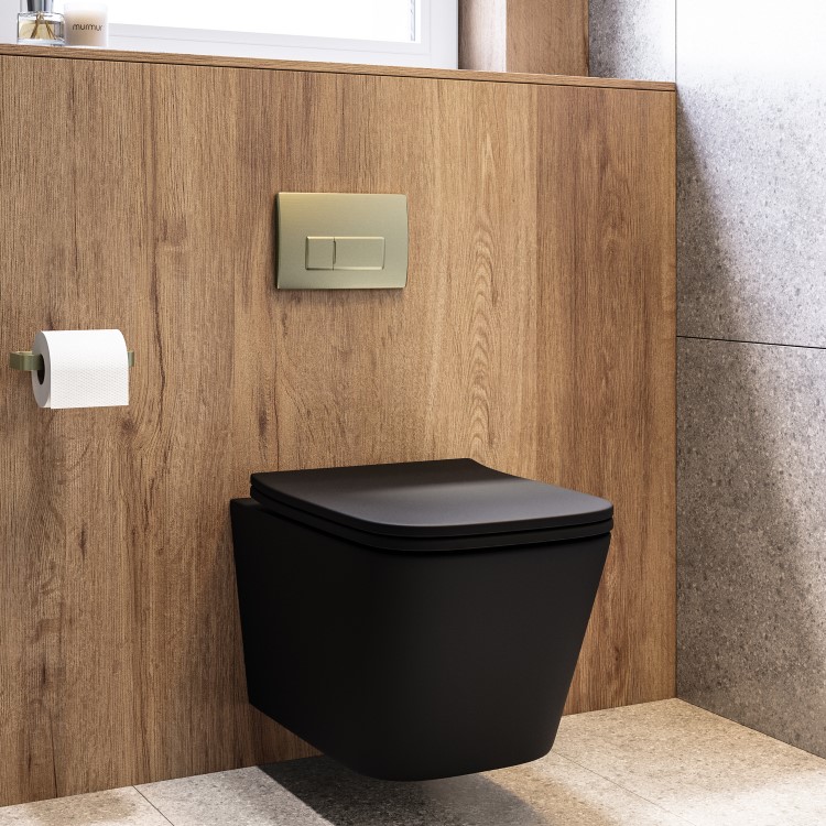 Matt Black Wall Hung Toilet with Soft Close Seat, Brass Pnuematic Flush Plate, 820mm Frame & Cistern - Albi