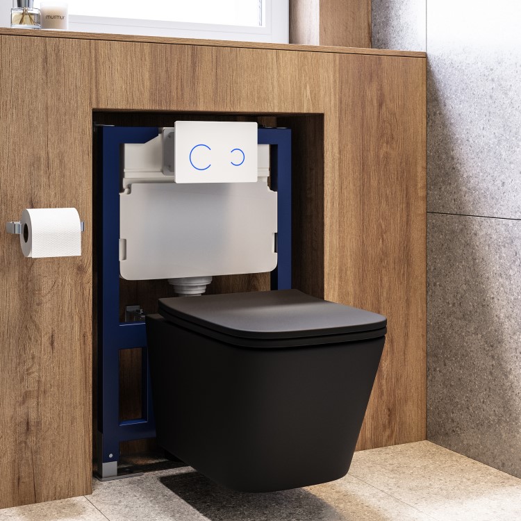 Matt Black Wall Hung Toilet with Soft Close Seat, White Glass Sensor Flush Plate, 820mm Frame & Cistern - Albi