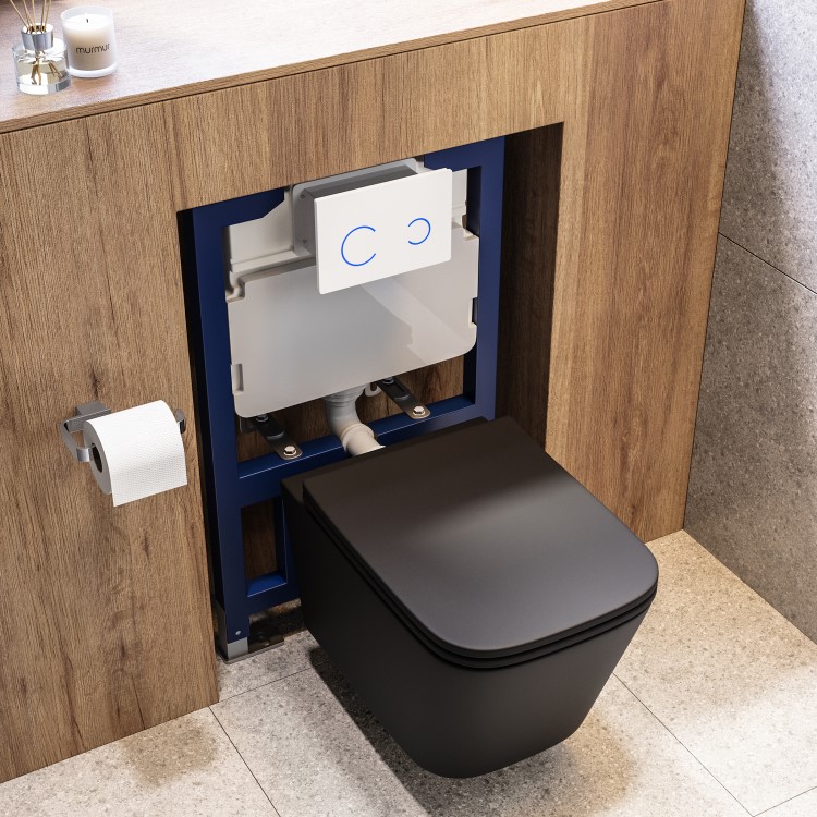 Matt Black Wall Hung Toilet with Soft Close Seat, White Glass Sensor Flush Plate, 820mm Frame & Cistern - Albi