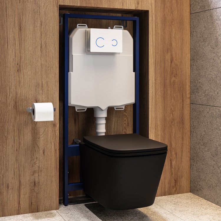 Matt Black Wall Hung Toilet with Soft Close Seat, White Glass Sensor Flush Plate, 1160mm Frame & Cistern - Albi
