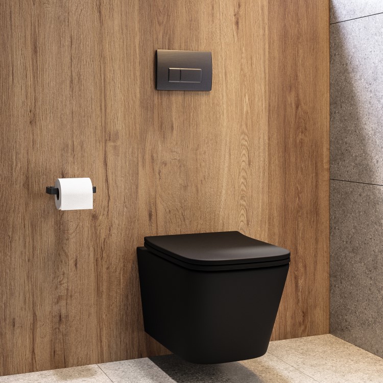 Matt Black Wall Hung Toilet with Soft Close Seat, Gunmetal Pnuematic Flush Plate, 1160mm Frame & Cistern - Albi