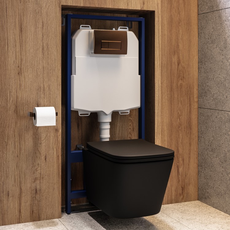 Matt Black Wall Hung Toilet with Soft Close Seat, Bronze Pnuematic Flush Plate, 1160mm Frame & Cistern - Albi