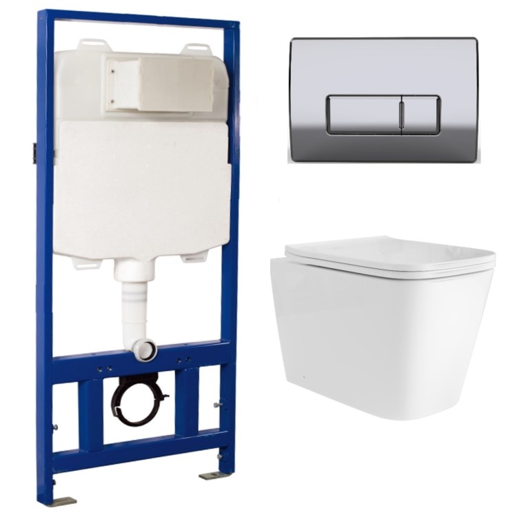 Wall Hung Toilet with Soft Close Seat, Pneumatic Chrome Flush Plate, 1168mm Frame & Cistern - Albi