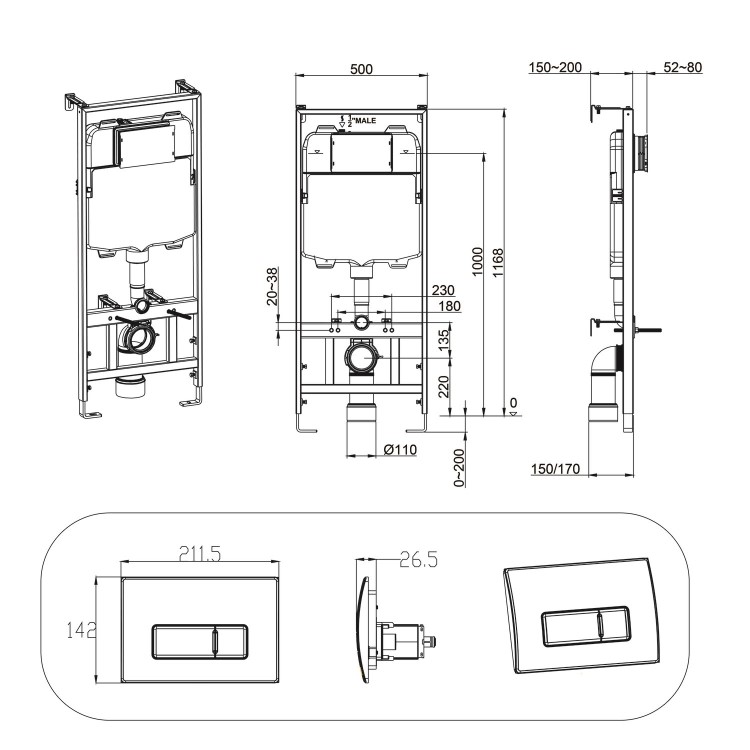 Wall Hung Toilet with Soft Close Seat, Pneumatic Brushed Brass Flush Plate, 1168mm Frame & Cistern - Albi