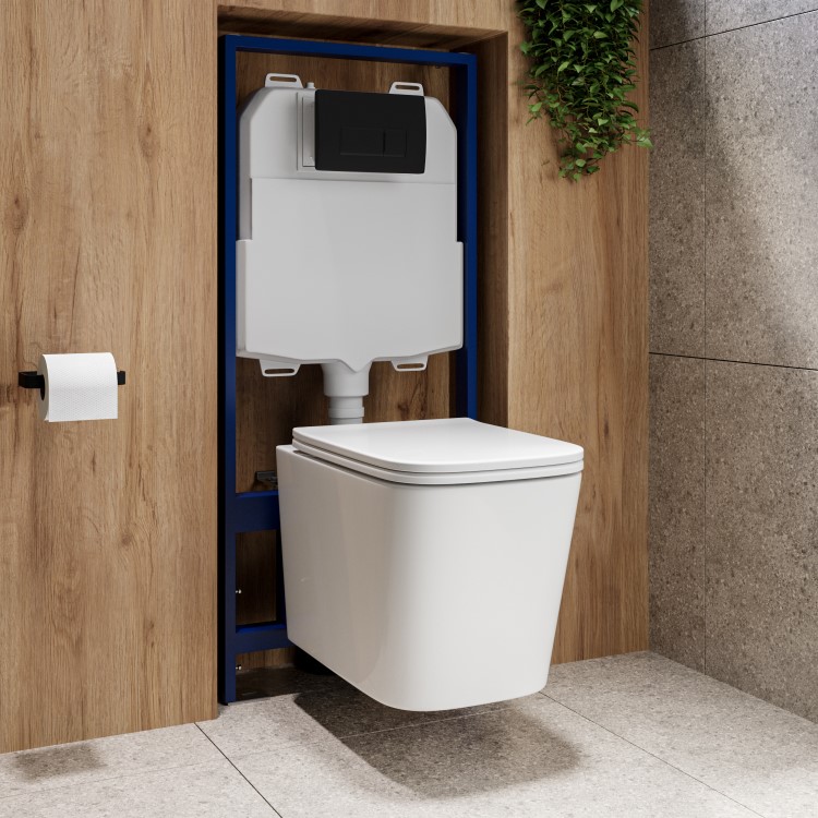 Wall Hung Toilet with Soft Close Seat, Pneumatic Black Flush Plate, 1168mm Frame & Cistern - Albi