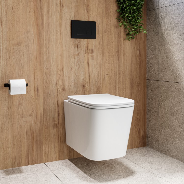 Wall Hung Toilet with Soft Close Seat, Pneumatic Black Flush Plate, 1168mm Frame & Cistern - Albi