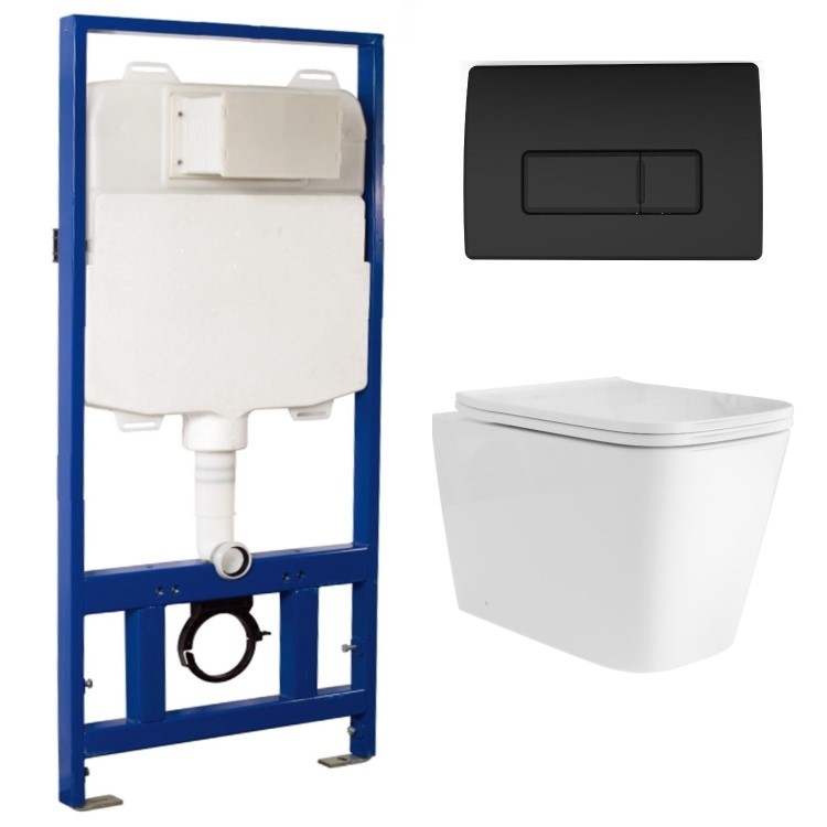 Wall Hung Toilet with Soft Close Seat, Pneumatic Black Flush Plate, 1168mm Frame & Cistern - Albi