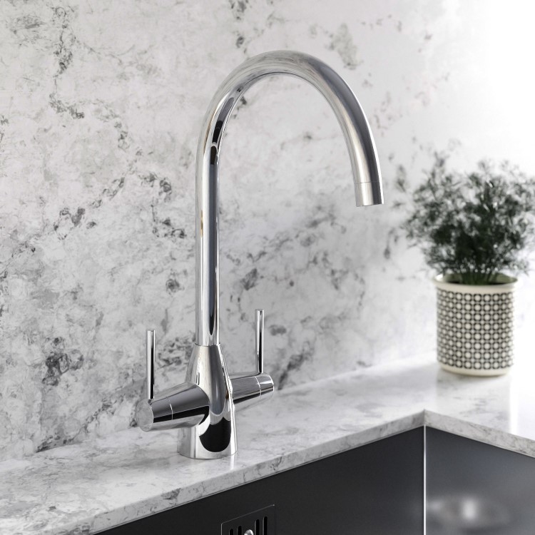 1.5 Bowl White Inset Composite Kitchen Sink and Reversible Drainer with Chrome Dual Lever kitchen Tap Set - Enza