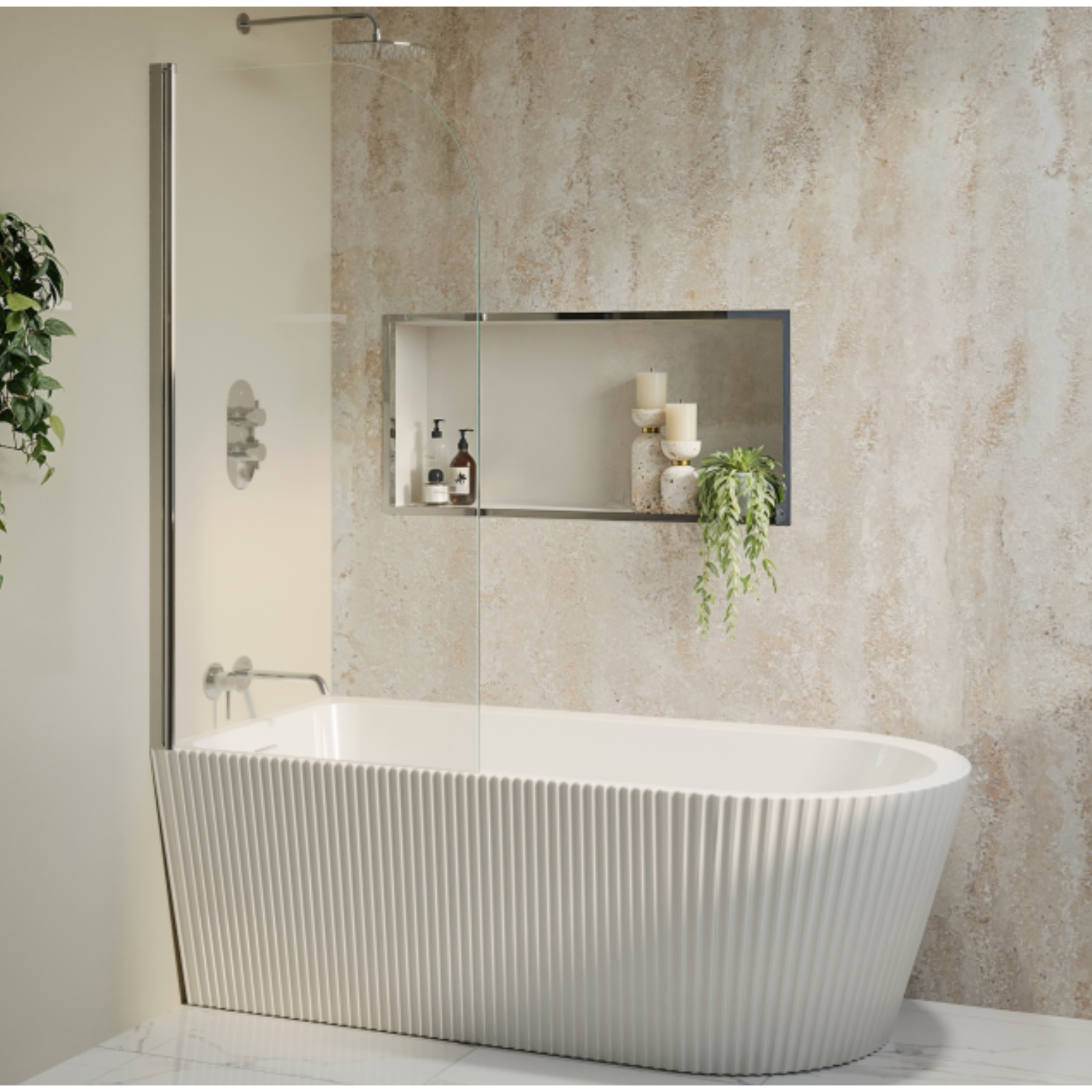 Amaro White Freestanding Single Ended Left Hand Fluted Corner Bath 1650 X 800Mm With Chrome Bath Screen Size 165