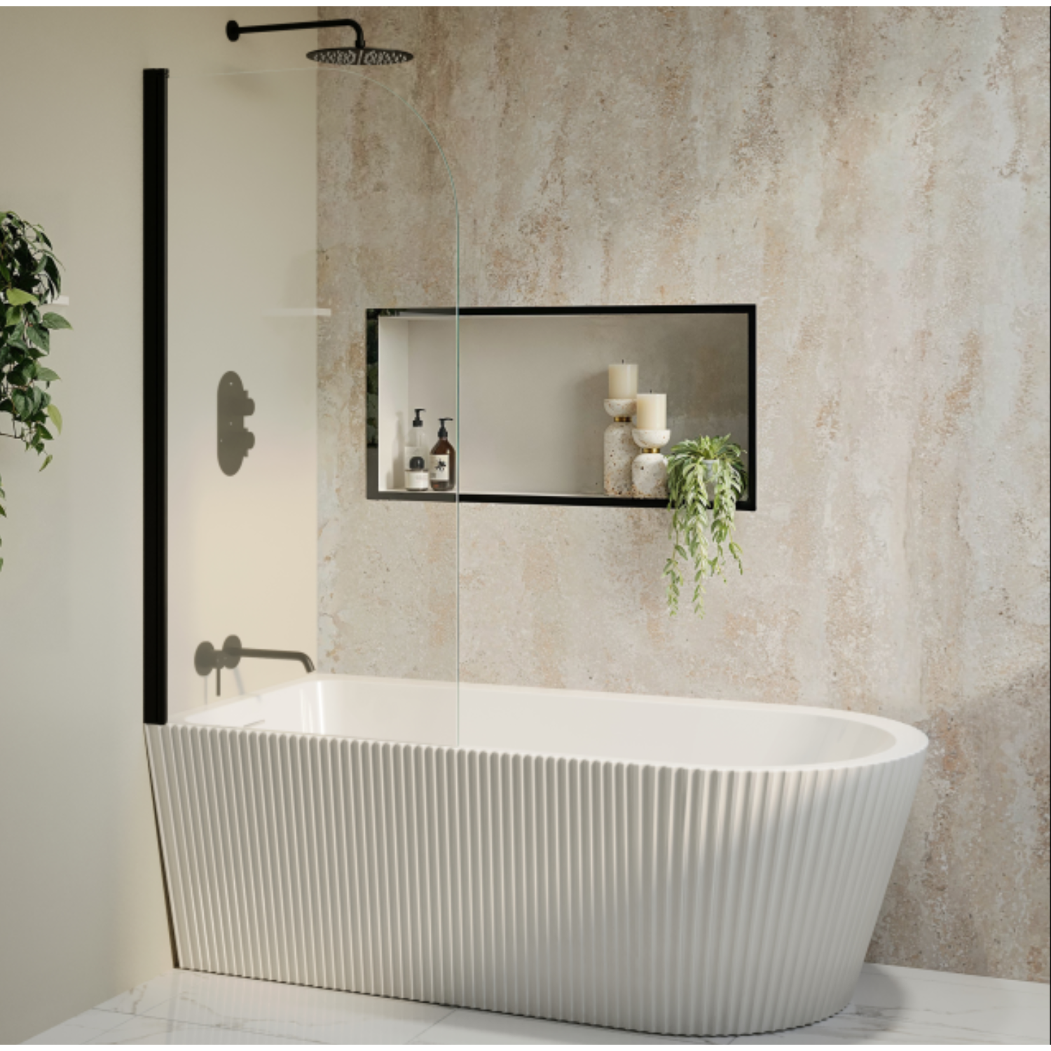Amaro Black Freestanding Single Ended Left Hand Fluted Corner Bath 1650 X 800Mm With Matt Bath Screen Size 165