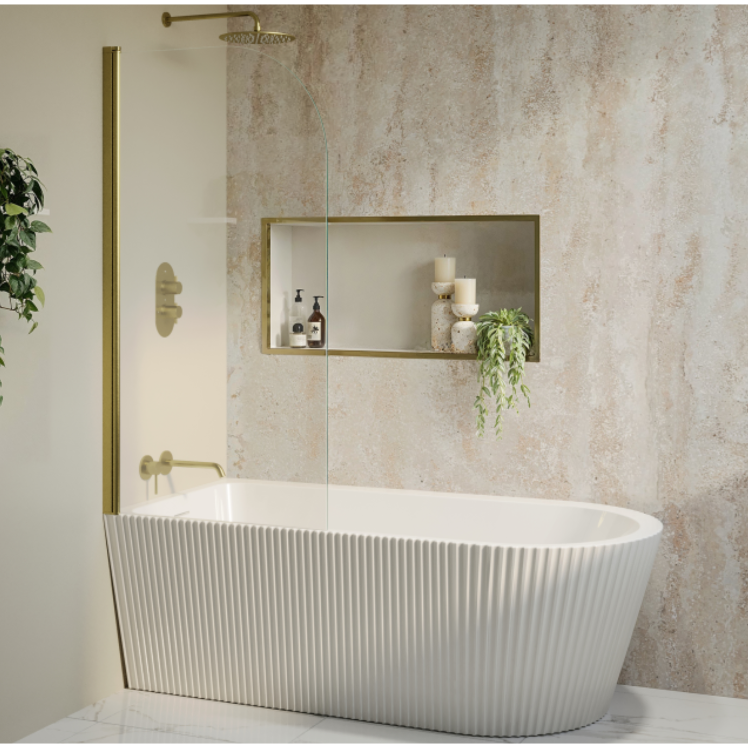 Amaro White Freestanding Single Ended Left Hand Fluted Corner Bath 1650 X 800Mm With Brushed Brass Bath Screen Size 165
