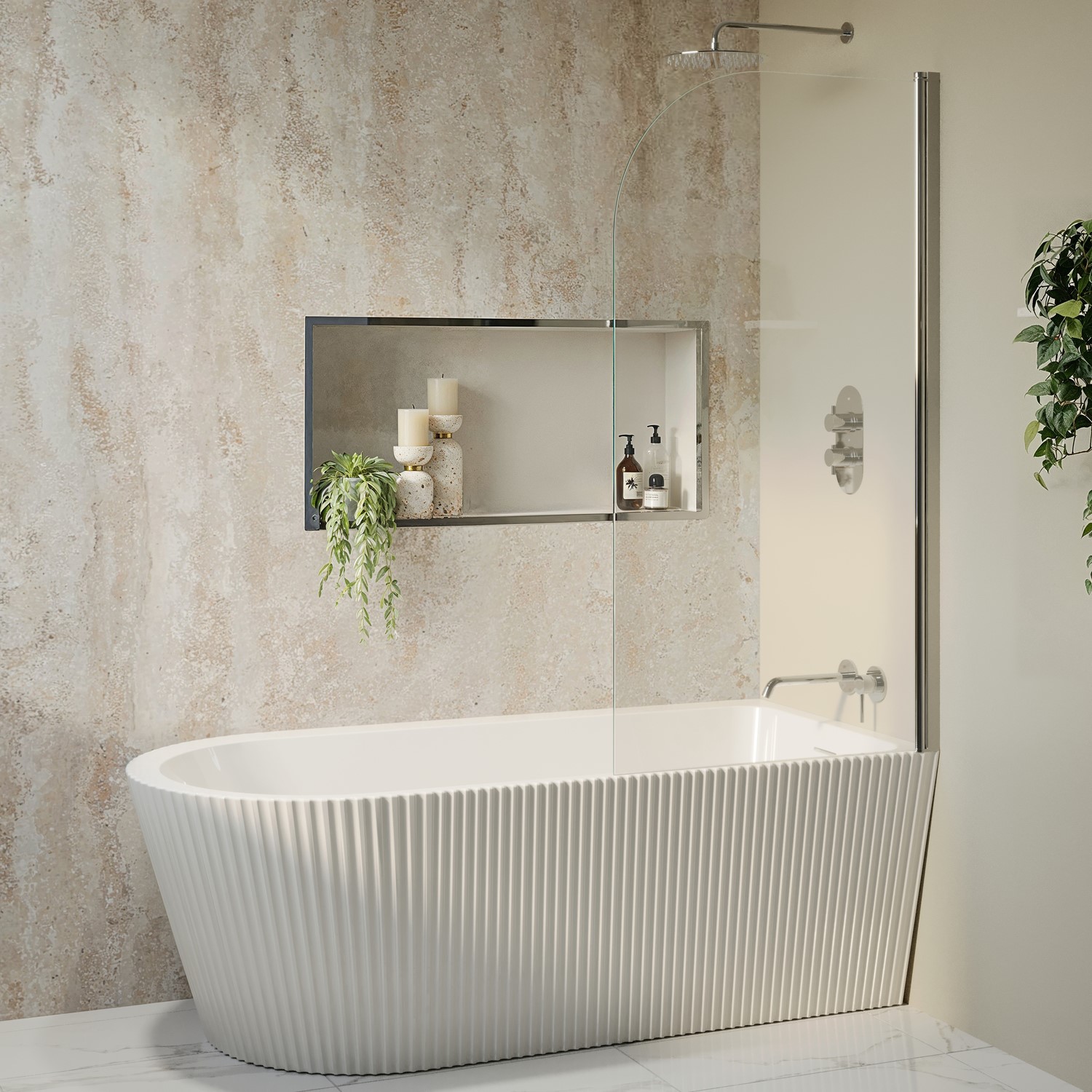 Amaro Freestanding Single Ended Right Hand Fluted Corner Bath 1650 X 800Mm With Chrome Bath Screen BUN/AMAFLRH1650/93605