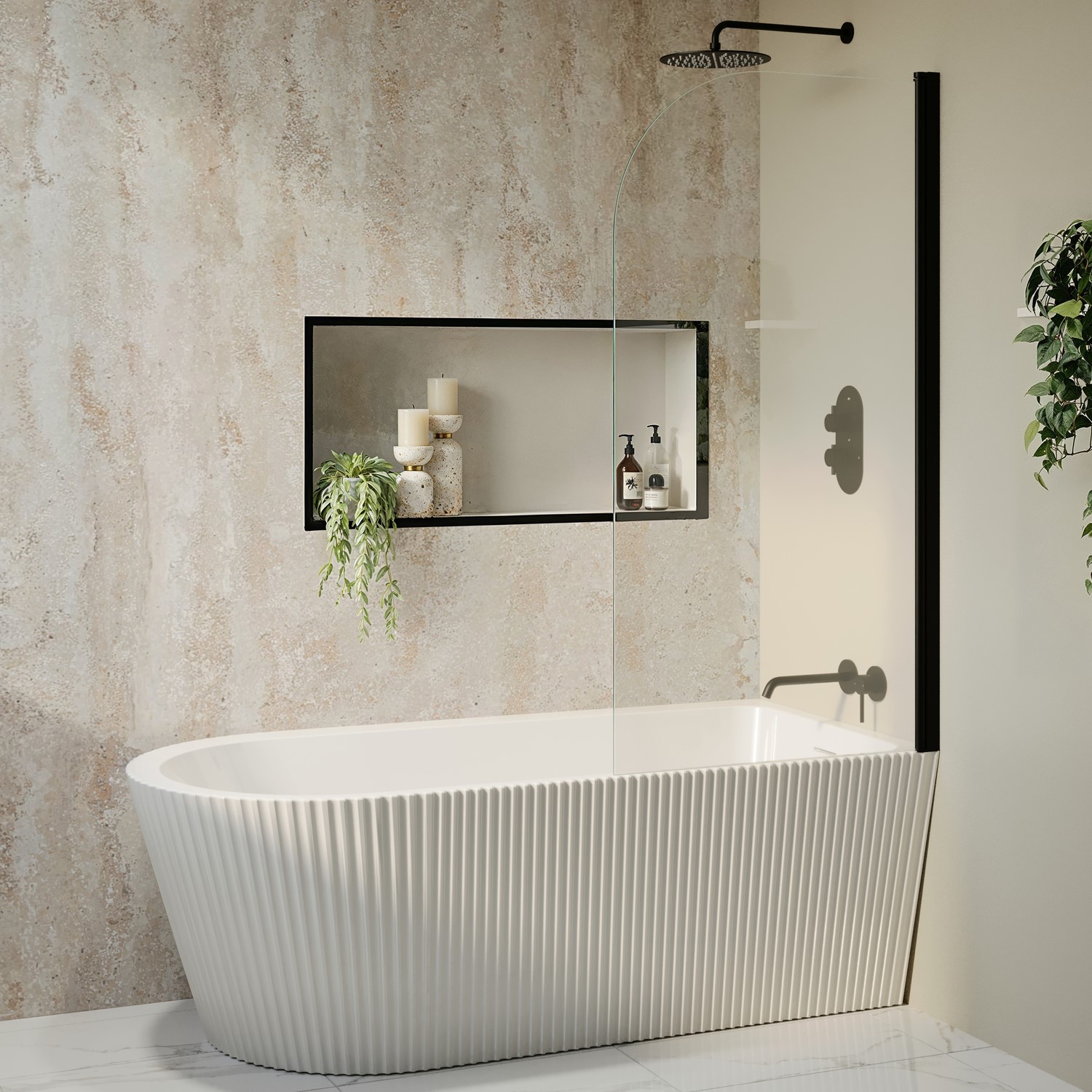 Amaro Freestanding Single Ended Right Hand Fluted Corner Bath 1650 X 800Mm With Matt  Bath Screen BUN/AMAFLRH1650/93606