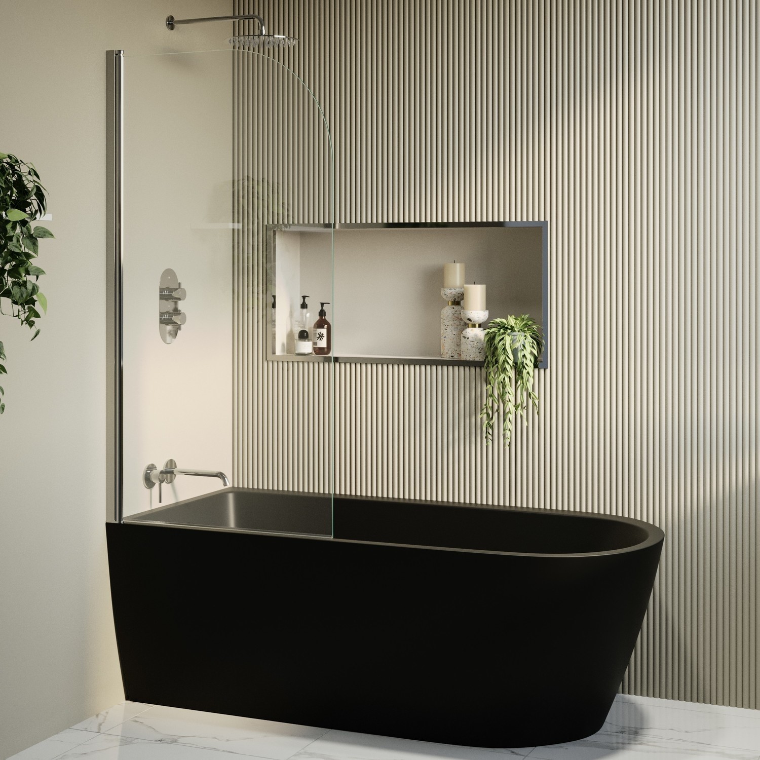 Matt Freestanding Shower Bath Single Ended Left Hand Corner Chrome Bath Screen 1650 x 800mm