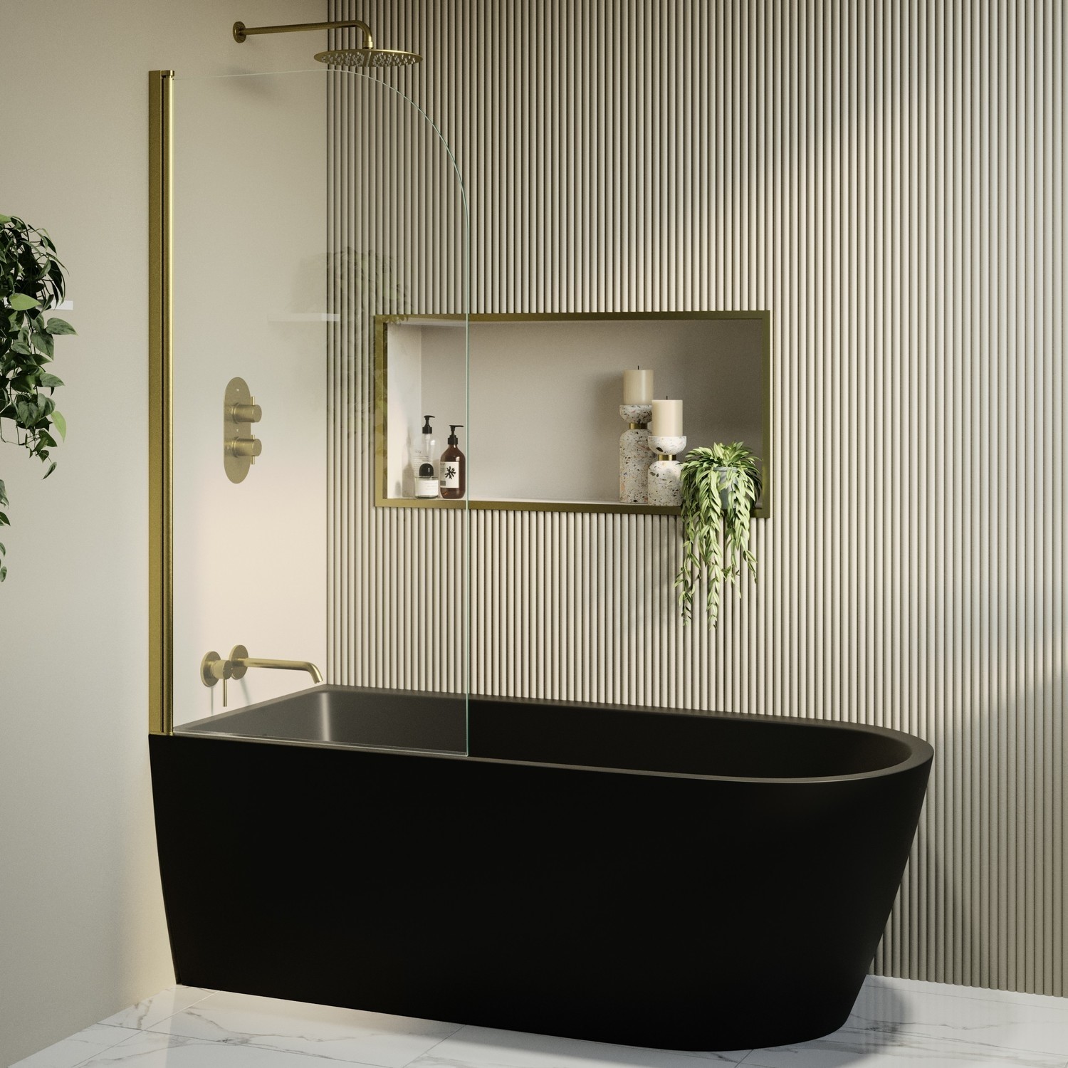 Matt Freestanding Shower Bath Single Ended Left Hand Corner Brass Bath Screen 1650 x 800mm