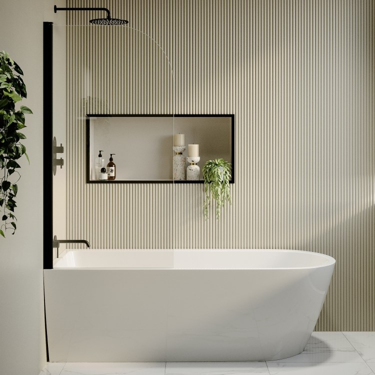 Freestanding Shower Bath Single Ended Left Hand Corner with Black Bath Screen 1800 x 800mm - Amaro
