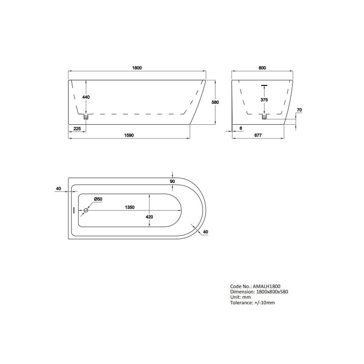 Freestanding Single Ended Left Hand Corner Bath 1800 x 800mm - Amaro
