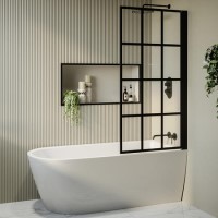Freestanding Single Ended Right Hand Corner Shower Bath with Black Grid Bath Screen 1650 x 800mm - Amaro Freestanding Single Ended Right Hand Corner Shower Bath with Black Grid Bath Screen 1650 x 800mm - Amaro