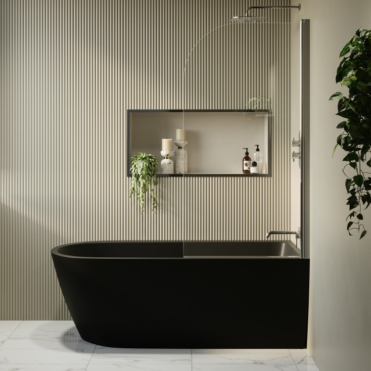 Matt Black Freestanding Shower Bath Single Ended Right Hand Corner with Chrome Bath Screen 1650 x 800mm - Amaro