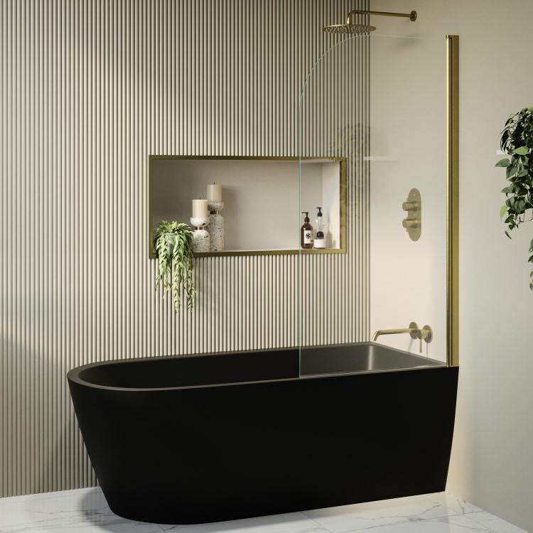 Matt Black Freestanding Shower Bath Single Ended Right Hand Corner with Brass Bath Screen 1650 x 800mm - Amaro