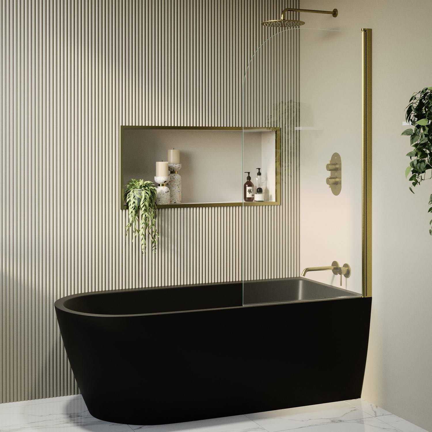 Matt Freestanding Shower Bath Single Ended Right Hand Corner Brass Bath Screen 1650 x 800mm