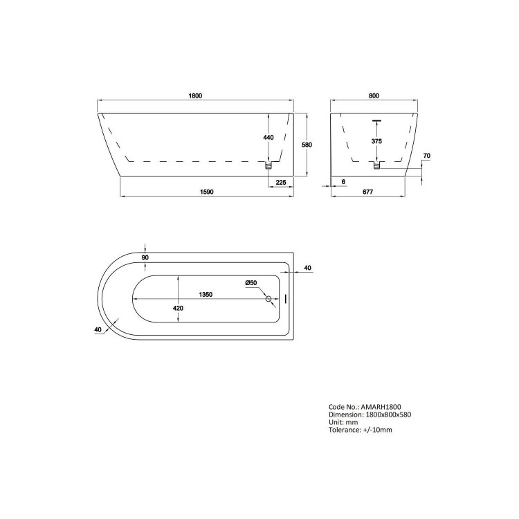 Freestanding Shower Bath Single Ended Right Hand Corner with Black Bath Screen 1800 x 800mm - Amaro