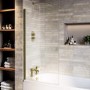 Jersey J Shaped Right Hand Bath 1700mm x 750 with Front Panel and Hinged Brushed Brass Screen