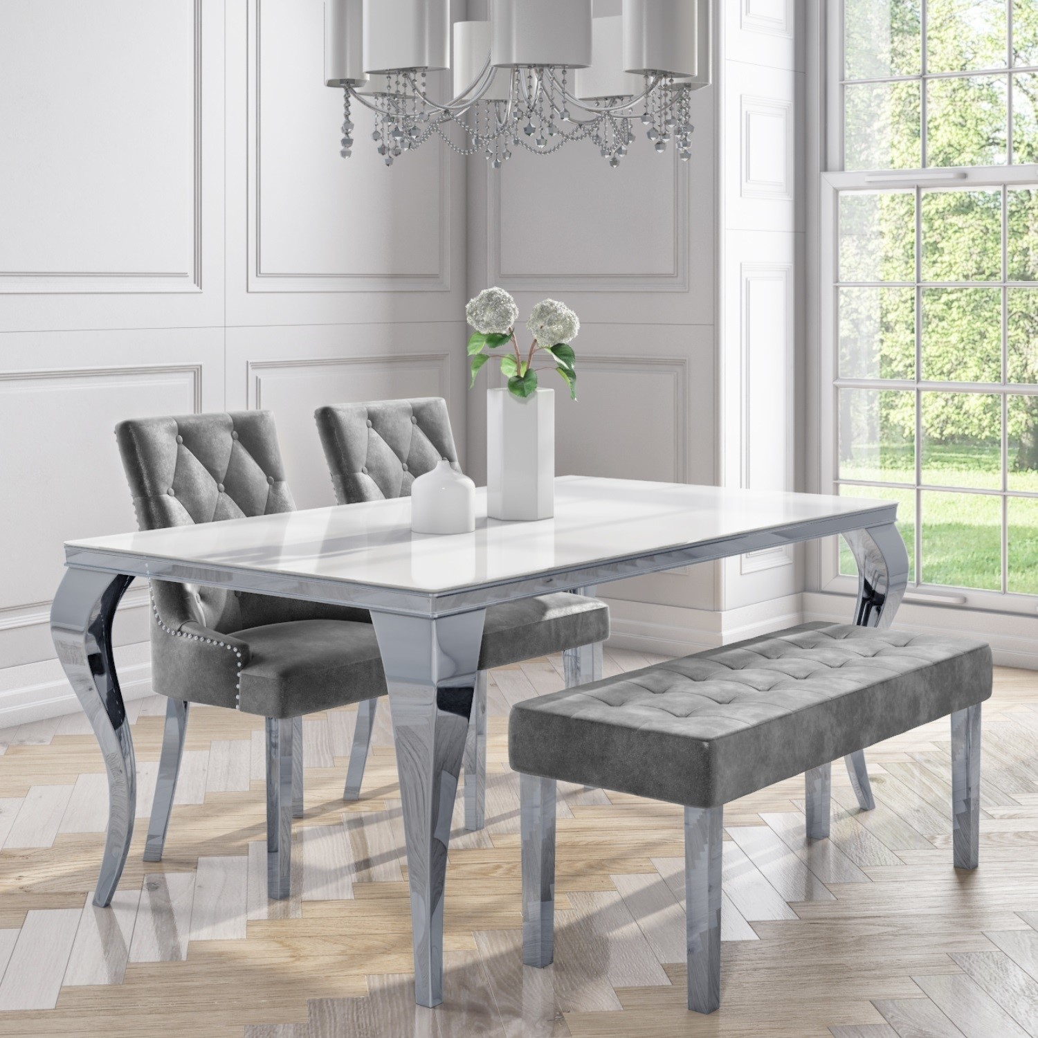 Mirrored Dining Table With 2 Chairs In Grey Velvet 1 Bench Bun Ane003 76679 Ebay