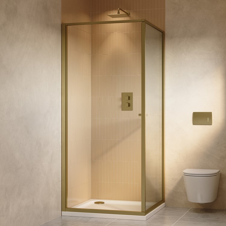 800x800mm Brushed Brass In-Fold Sliding Shower Enclosure 6mm Glass and Shower Tray - Apollo