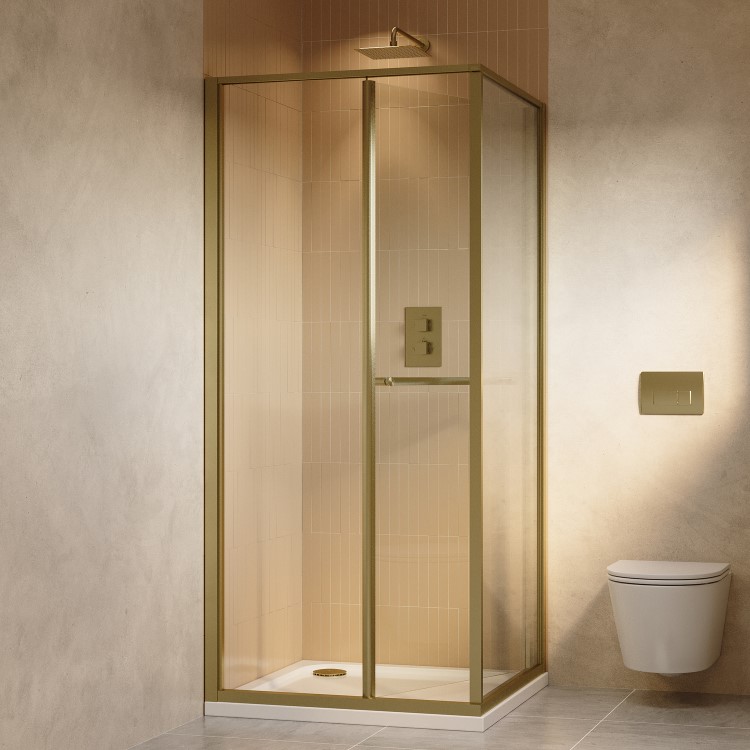 800x800mm Brushed Brass In-Fold Sliding Shower Enclosure 6mm Glass and Shower Tray - Apollo