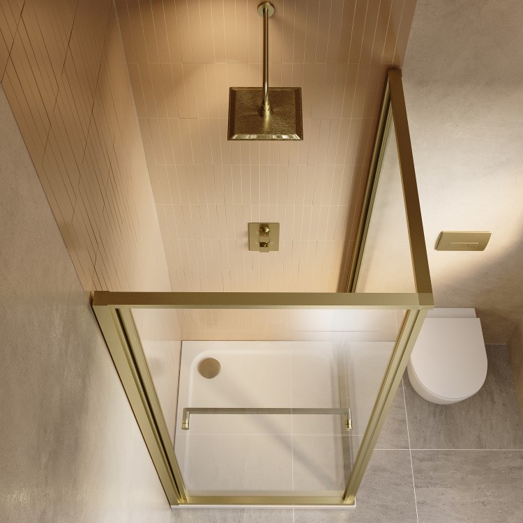 800x800mm Brushed Brass In-Fold Sliding Shower Enclosure 6mm Glass and Shower Tray - Apollo