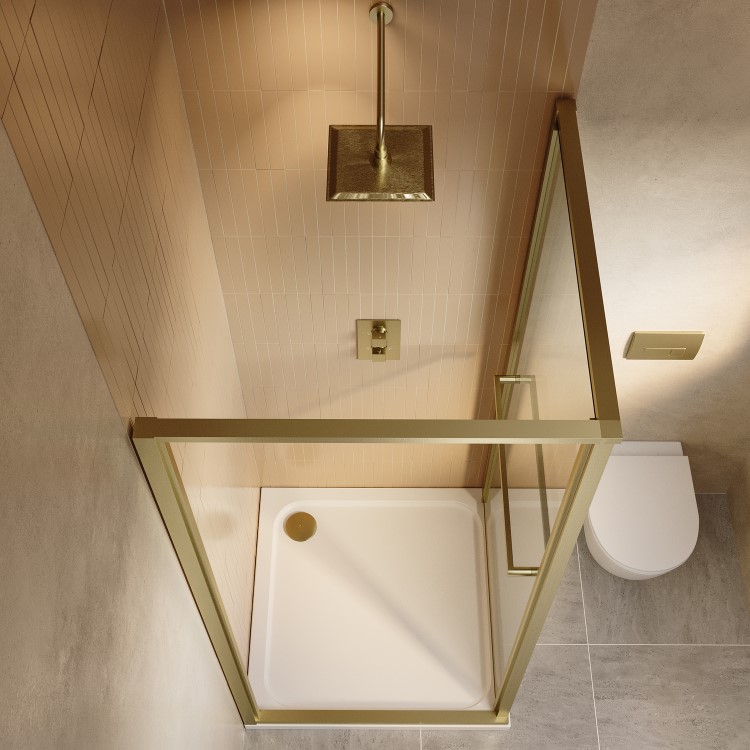 800x800mm Brushed Brass In-Fold Sliding Shower Enclosure 6mm Glass and Shower Tray - Apollo