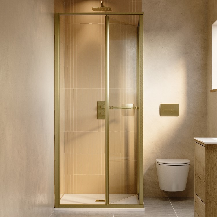 800x800mm Brushed Brass Square Sliding In-Fold Shower Enclosure 6mm Glass and Low Profile Shower Tray - Apollo