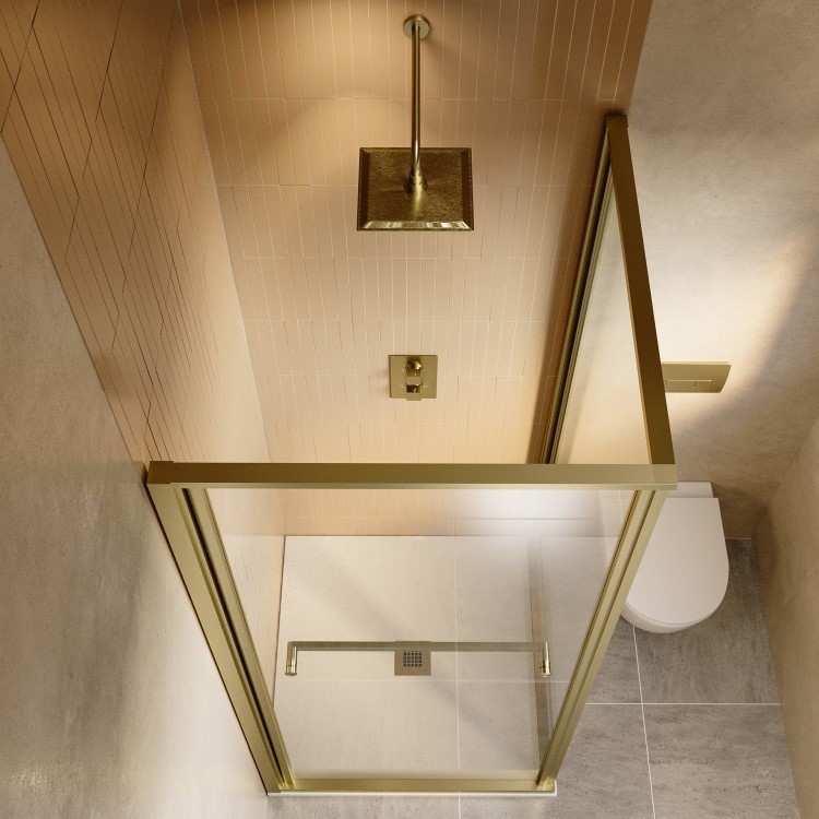 800x800mm Brushed Brass Square Sliding In-Fold Shower Enclosure 6mm Glass and Low Profile Shower Tray - Apollo